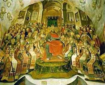 Painting The Council Of Nicea by F. Pavlovskyi, I. Maksimovych, and A. Galik and others at the Gate Church of the Trinity, Kiev, 18th Century. 