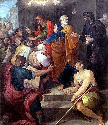 Peter's conflict with Simon Magus by Avanzino Nucci, 1620. Simon is on the right, dressed in black. 